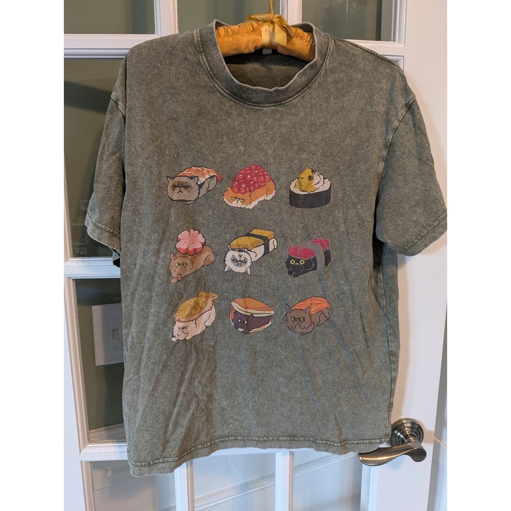 Sushi Cats Graphic T-Shirt Olive Green Acid Wash Cotton Short Sleeve Small